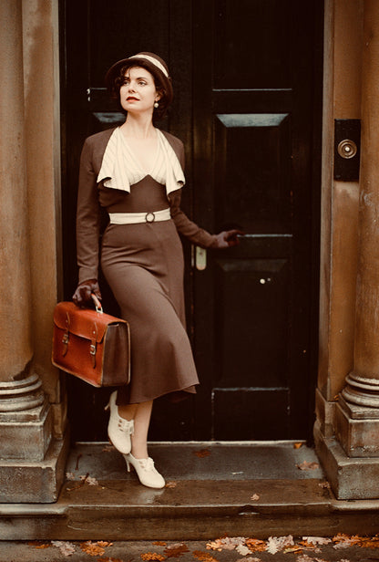 1930s Connie Dress and Crop Jacket - Brown and Oakline Stripe