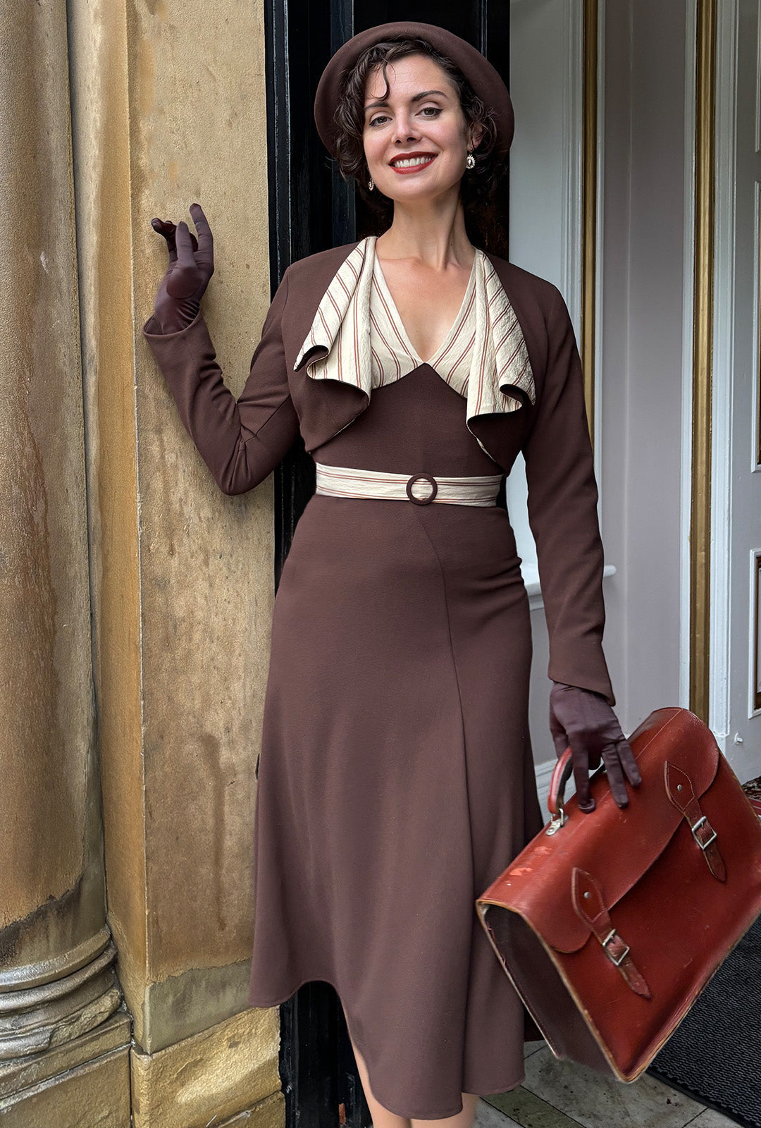 1930s Connie Dress and Crop Jacket - Brown and Oakline Stripe