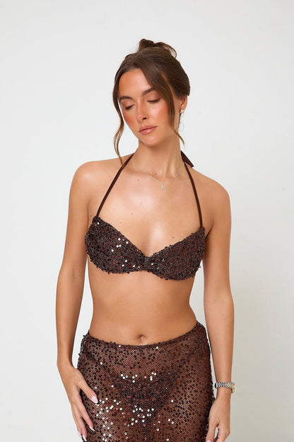 Mia Sequin Bikini Top | Brown