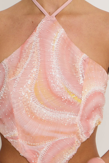 Polly Swirl Halterneck Top | Peach