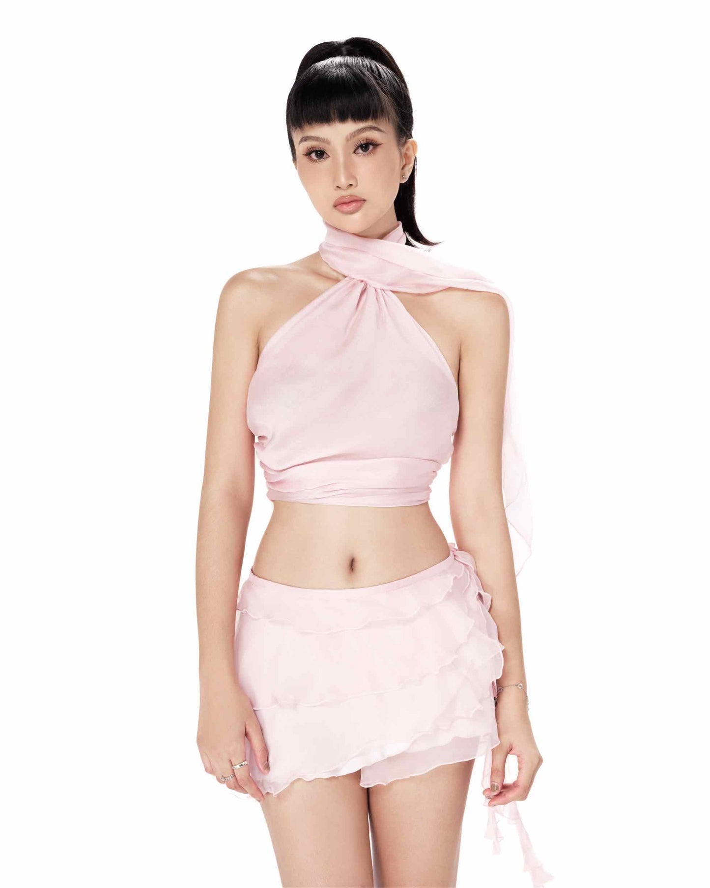 Volante Silk Chiffon Top - Pink