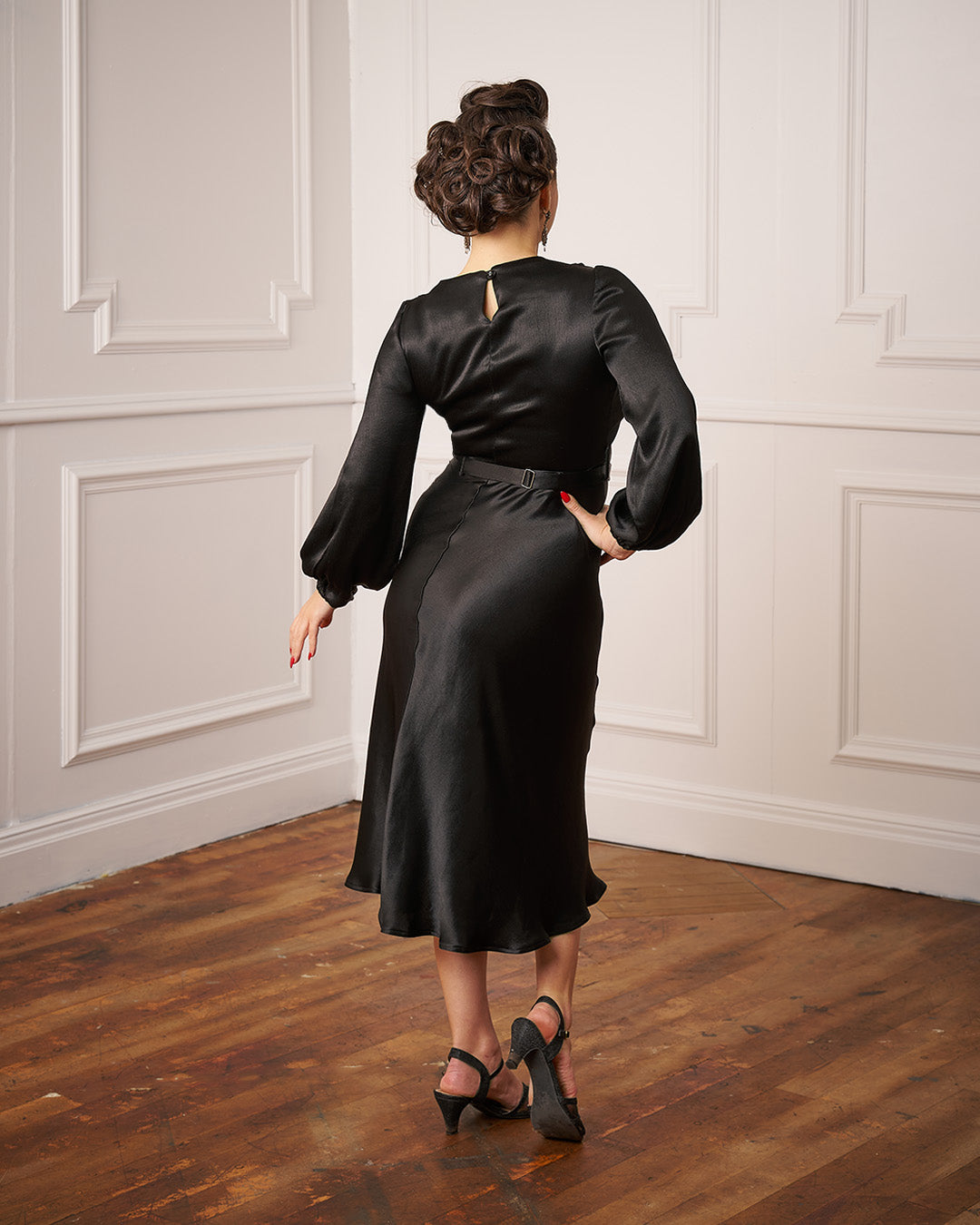 1930s Joanie Bias Cut Dress - Ebony Satin