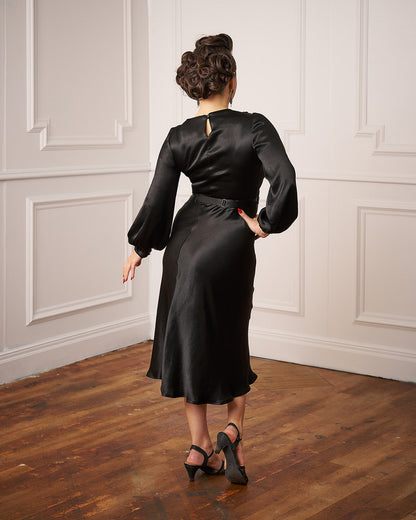 1930s Joanie Bias Cut Dress - Ebony Satin