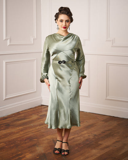 1930s Joanie Bias Cut Dress - Sage Green Satin
