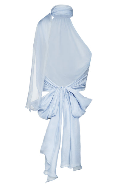 Volante Silk Chiffon Top - Misty Blue