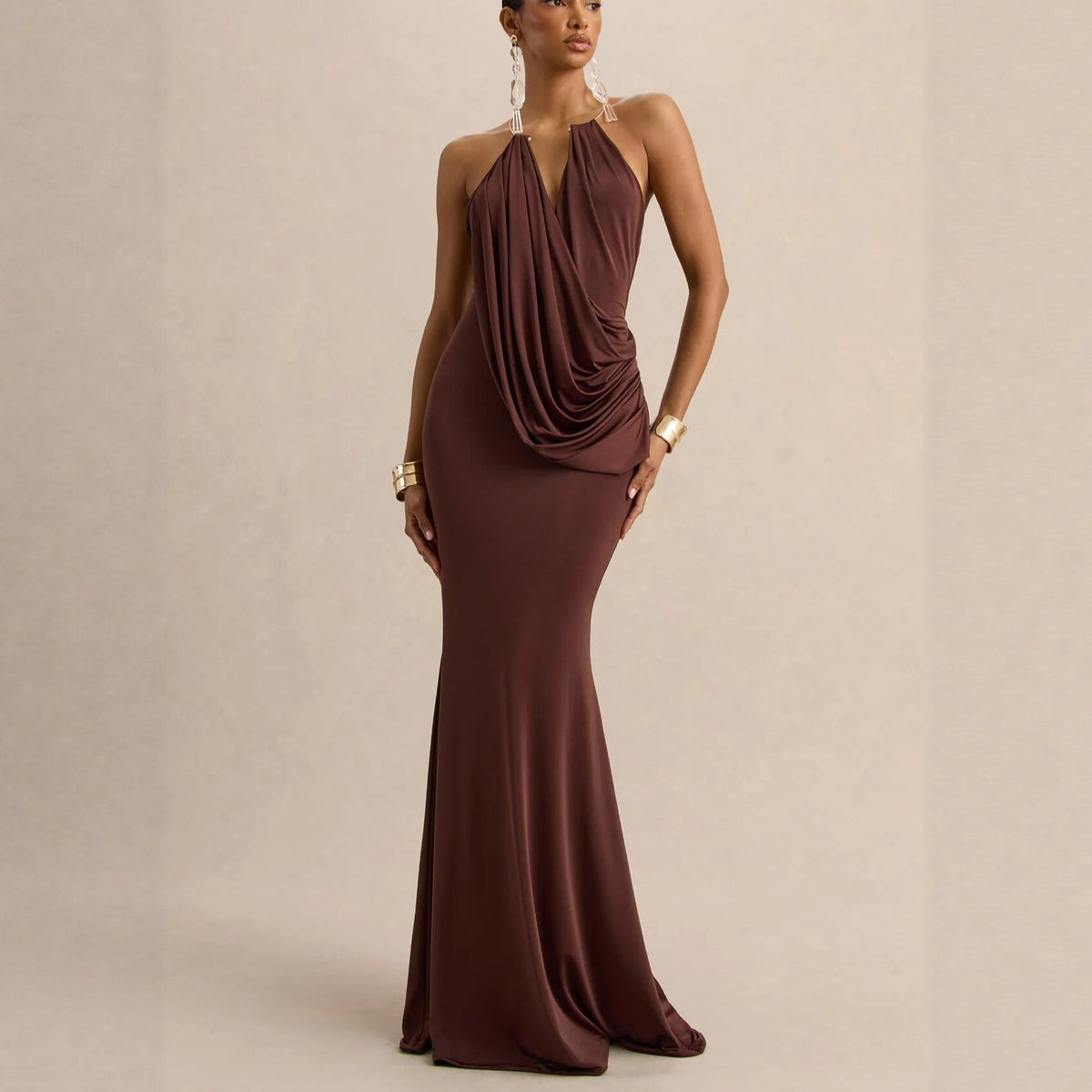 Ruffle Cowl Neck Bodycon Maxi Dress