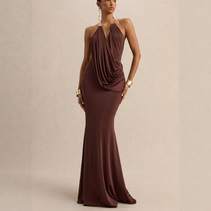 Ruffle Cowl Neck Bodycon Maxi Dress