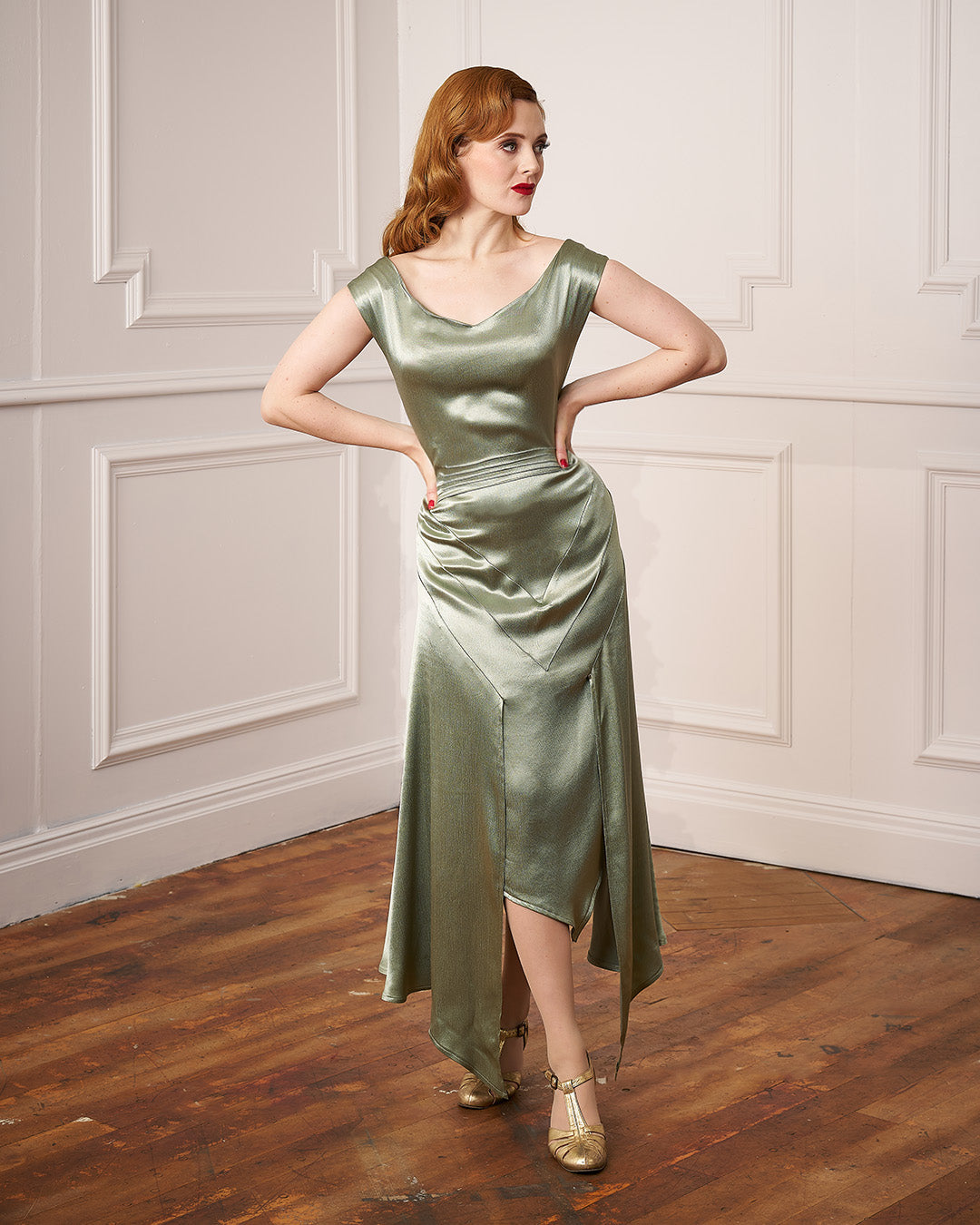 1920s Sheba Evening Gown Set - Sage Satin