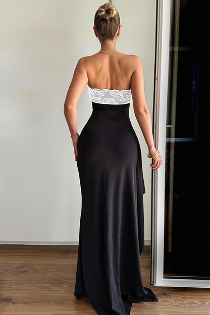 Chic Lace Trim Strapless Bodycon Slit Maxi Dress