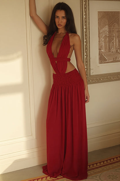 Chic Lace Trim Halter Neck Open Back A Line Maxi Dress