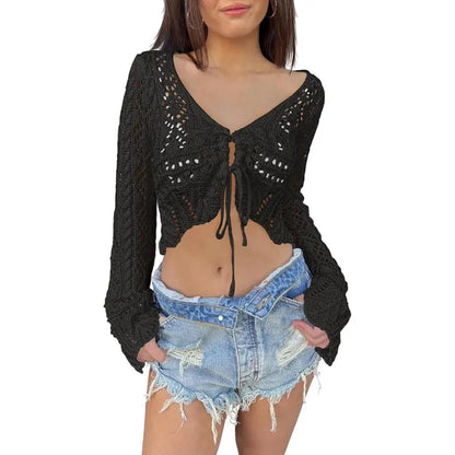 üåº Hollow Out Drawstring Flare Sleeve Cropped Top-Women Minimalist Knit Sweaterü™°
