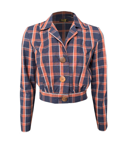 1930s Amelia Blouse - Navy and Orange Plaid