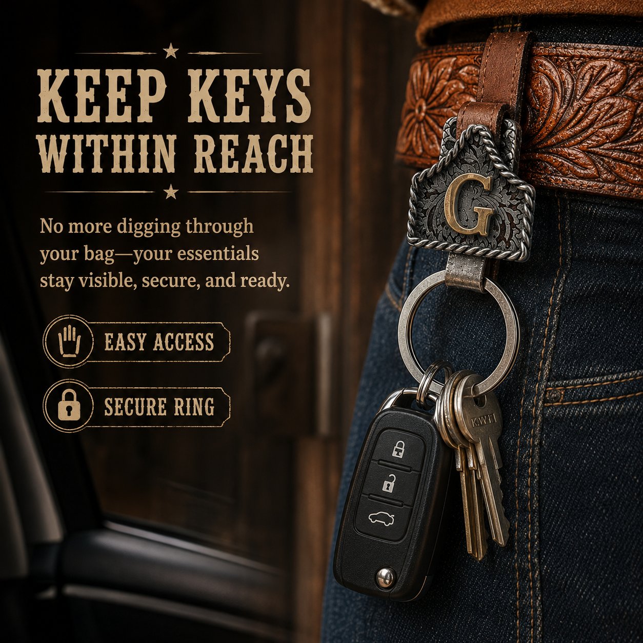 Handmade Cow Tag Belt Key Holder