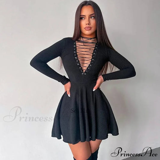 Bandage A-Line Lace Up Long Sleeve Mini Dress