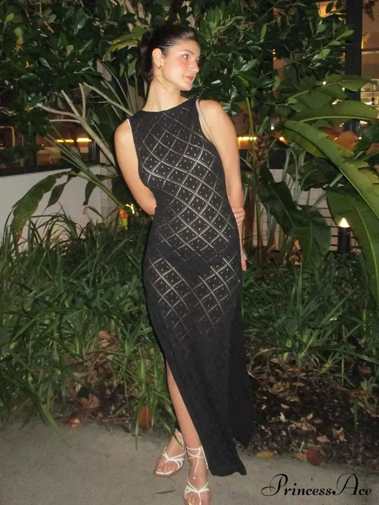 Beachwear Out Knitted Sleeveless Slit Tank Maxi Dress