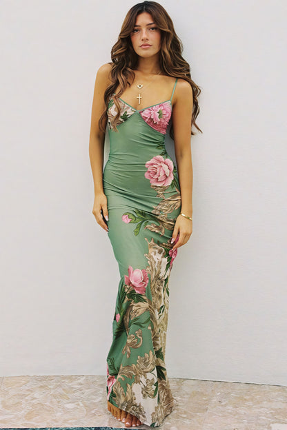 Sexy Print V-Neck Spaghetti Strap Backless Maxi Dress