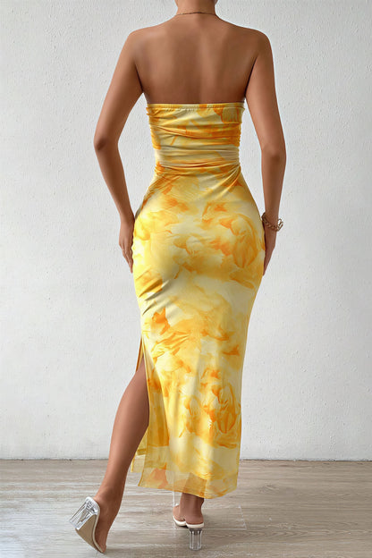 Slim Mesh Print Slit Maxi Dress