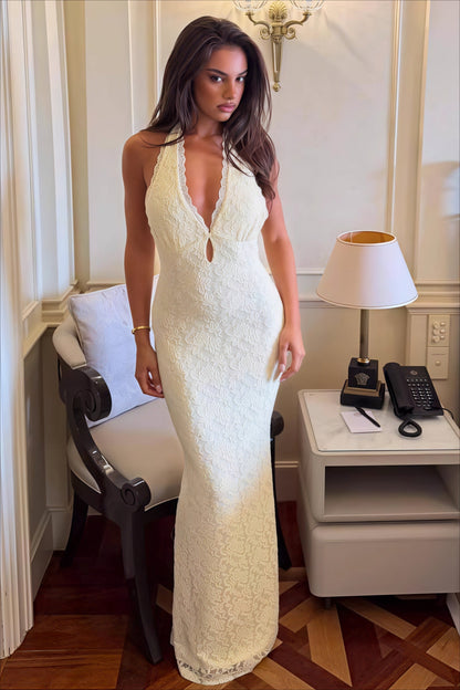 Lace Halter Tie Back Bodycon Maxi Dress