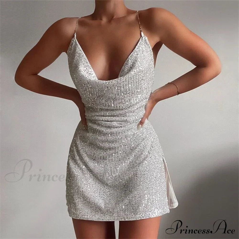 Chain Strap Sequin Sleeveless V Neck Backless Split A Line Dress