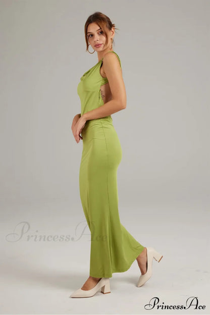 Cowl Neck Backless Pack Hip Dress in Solid Color