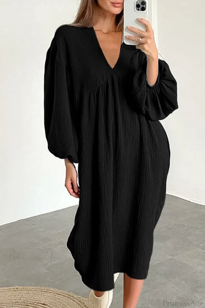 Crepe V Neck Puff Sleeve Loose Dress