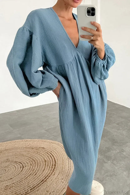 Crepe V Neck Puff Sleeve Loose Dress