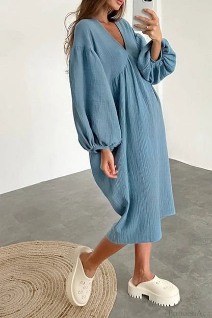 Crepe V Neck Puff Sleeve Loose Dress