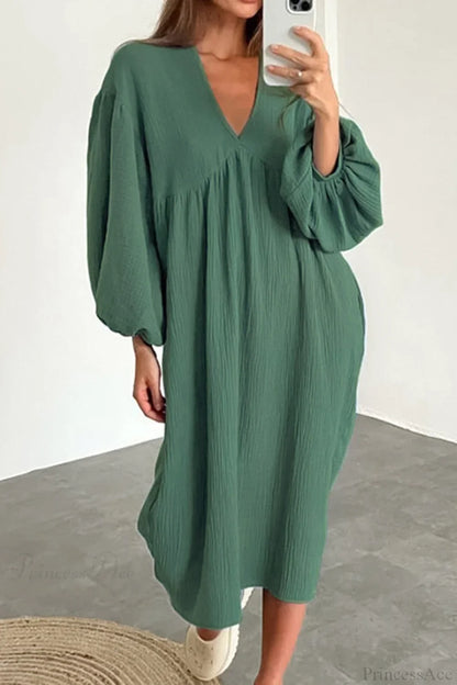 Crepe V Neck Puff Sleeve Loose Dress