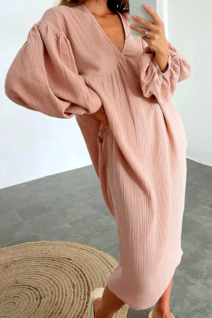 Crepe V Neck Puff Sleeve Loose Dress