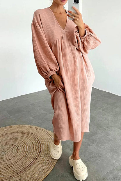 Crepe V Neck Puff Sleeve Loose Dress