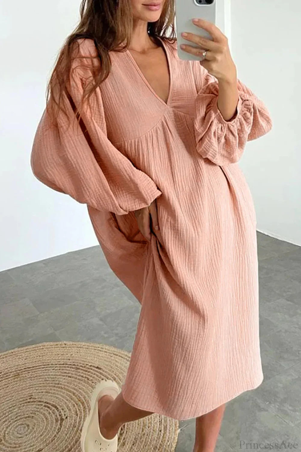 Crepe V Neck Puff Sleeve Loose Dress