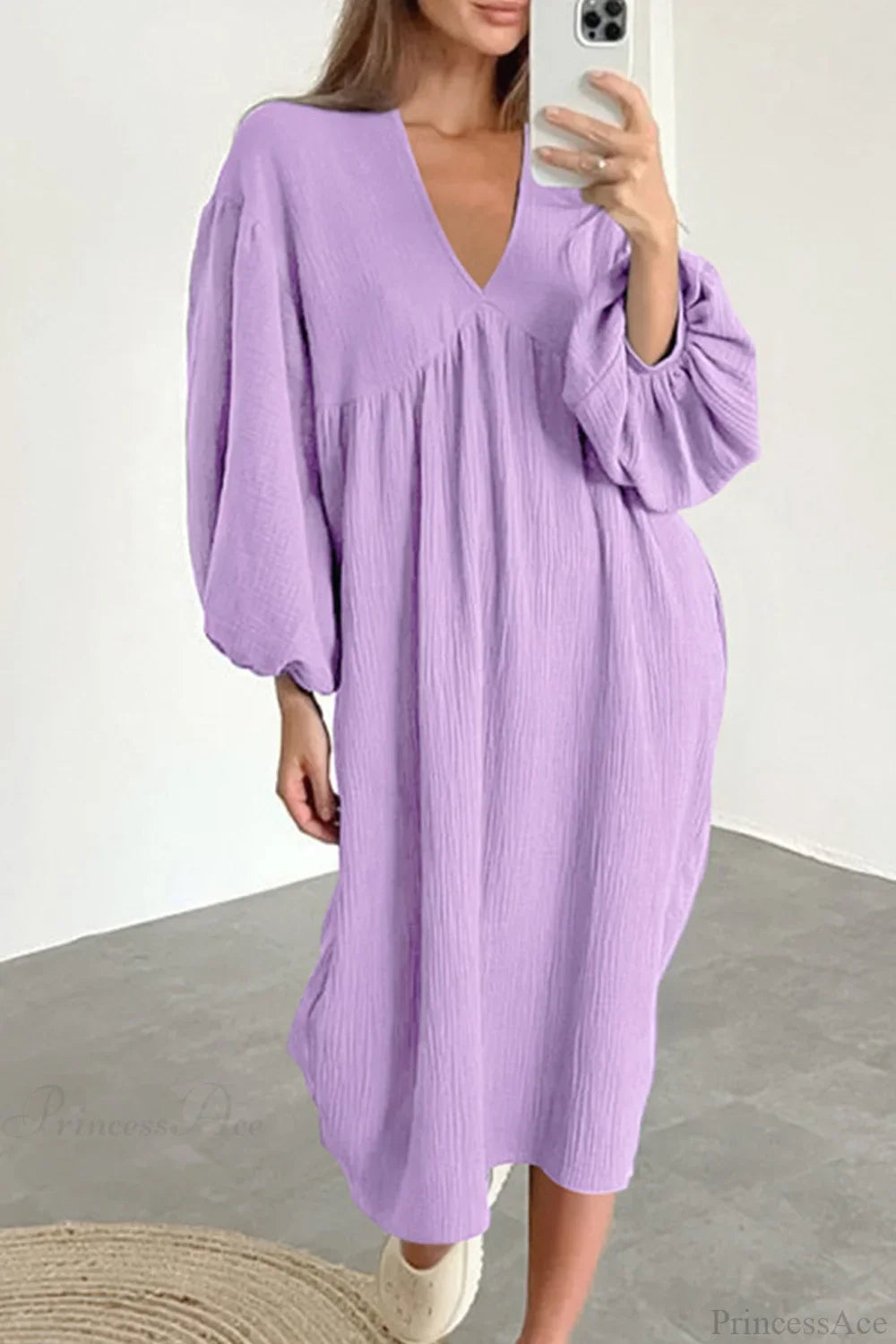 Crepe V Neck Puff Sleeve Loose Dress