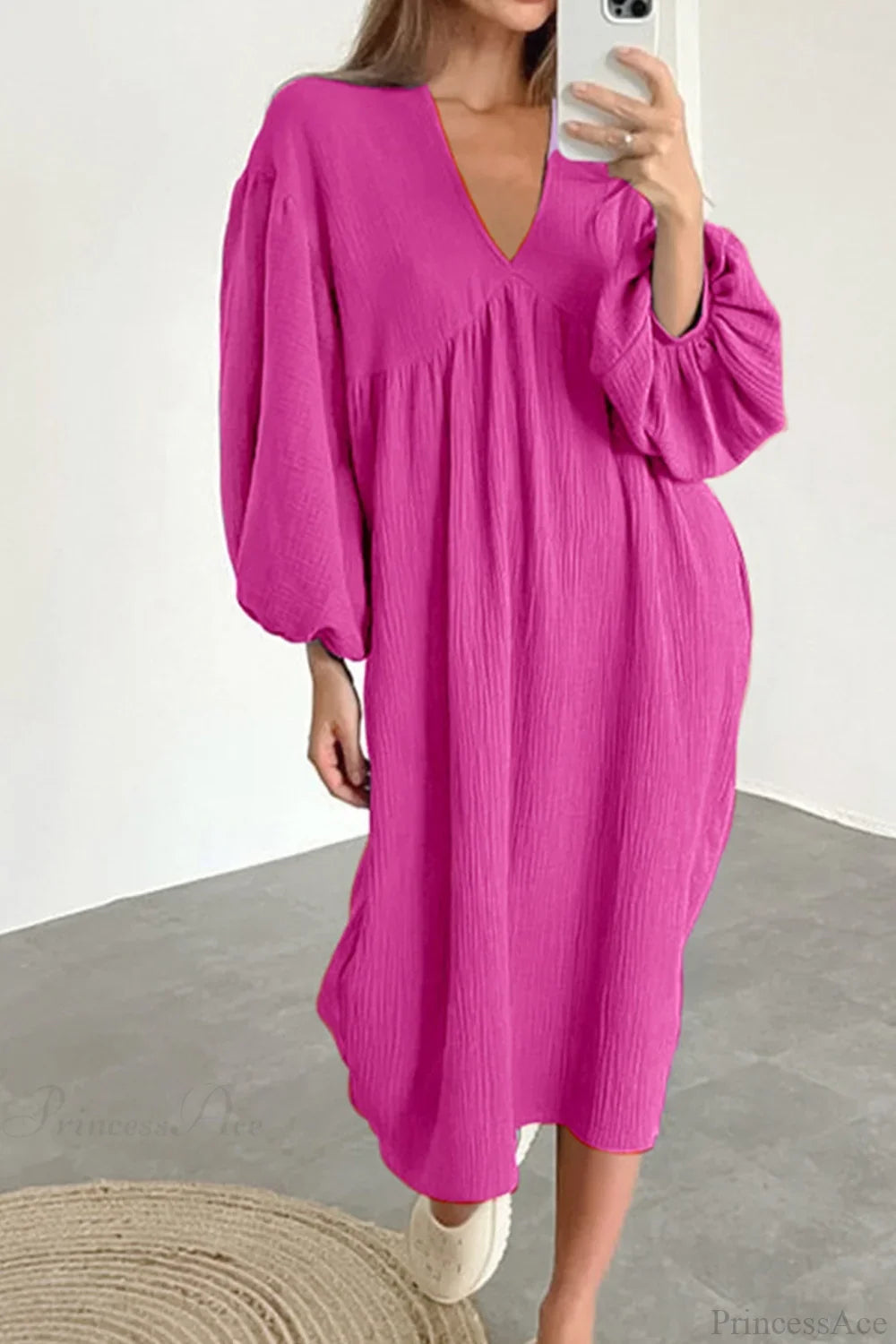 Crepe V Neck Puff Sleeve Loose Dress