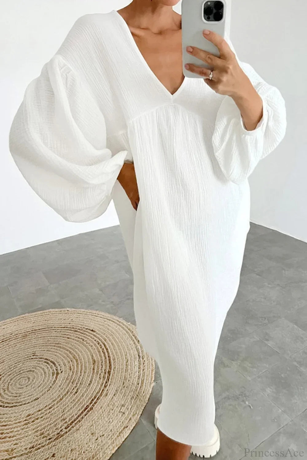 Crepe V Neck Puff Sleeve Loose Dress