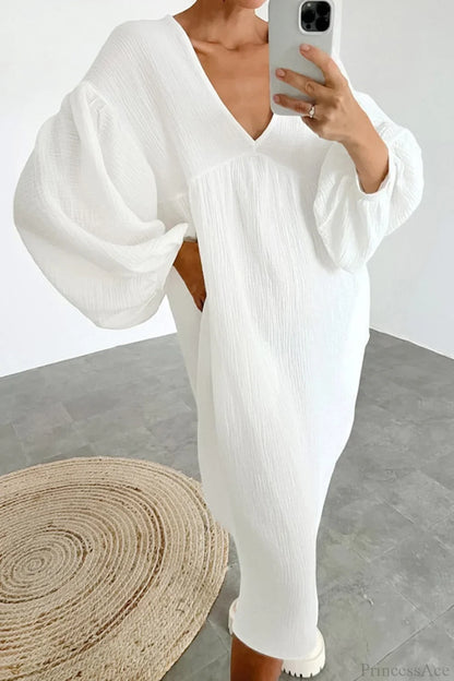 Crepe V Neck Puff Sleeve Loose Dress