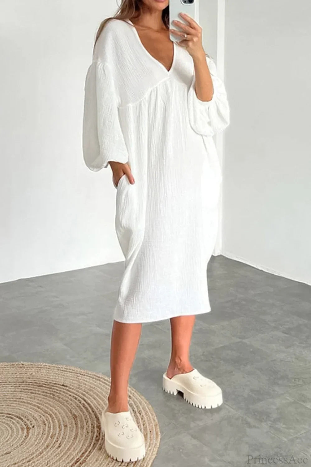 Crepe V Neck Puff Sleeve Loose Dress
