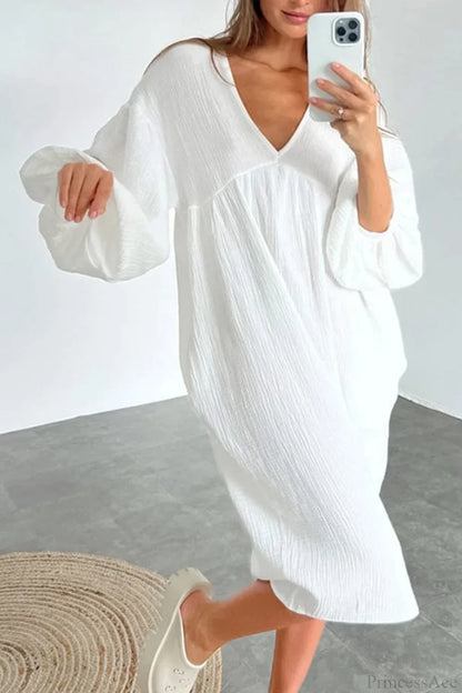 Crepe V Neck Puff Sleeve Loose Dress