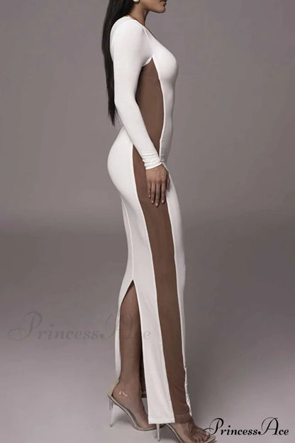 Crew Neck Long Sleeve Slit Midi Dress