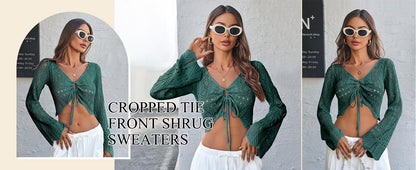 üåº Hollow Out Drawstring Flare Sleeve Cropped Top-Women Minimalist Knit Sweaterü™°