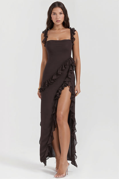 Ribbon Ruffle Splice Slit Maxi Dress
