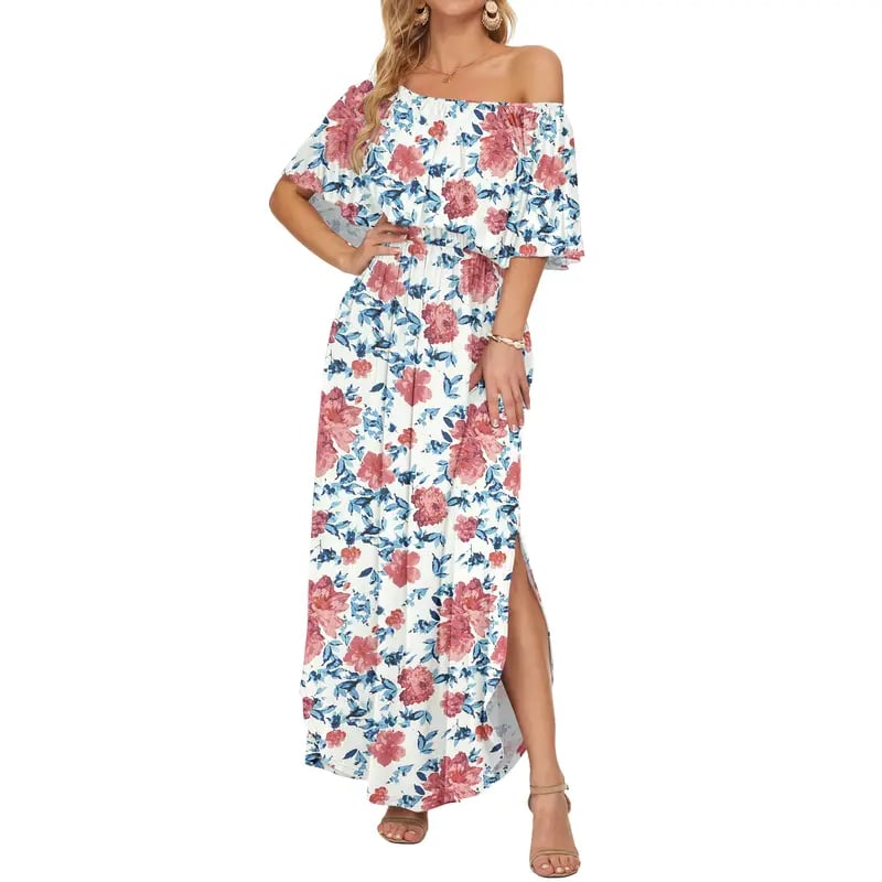 Women's Off The Shoulder Dress Wedding Guest Dress Summer Casual Long Ruffle Party Side Split Beach Maxi Dresses with Pockets