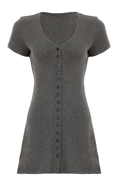 Solid Button Knit V Neck Slim Mini Dress