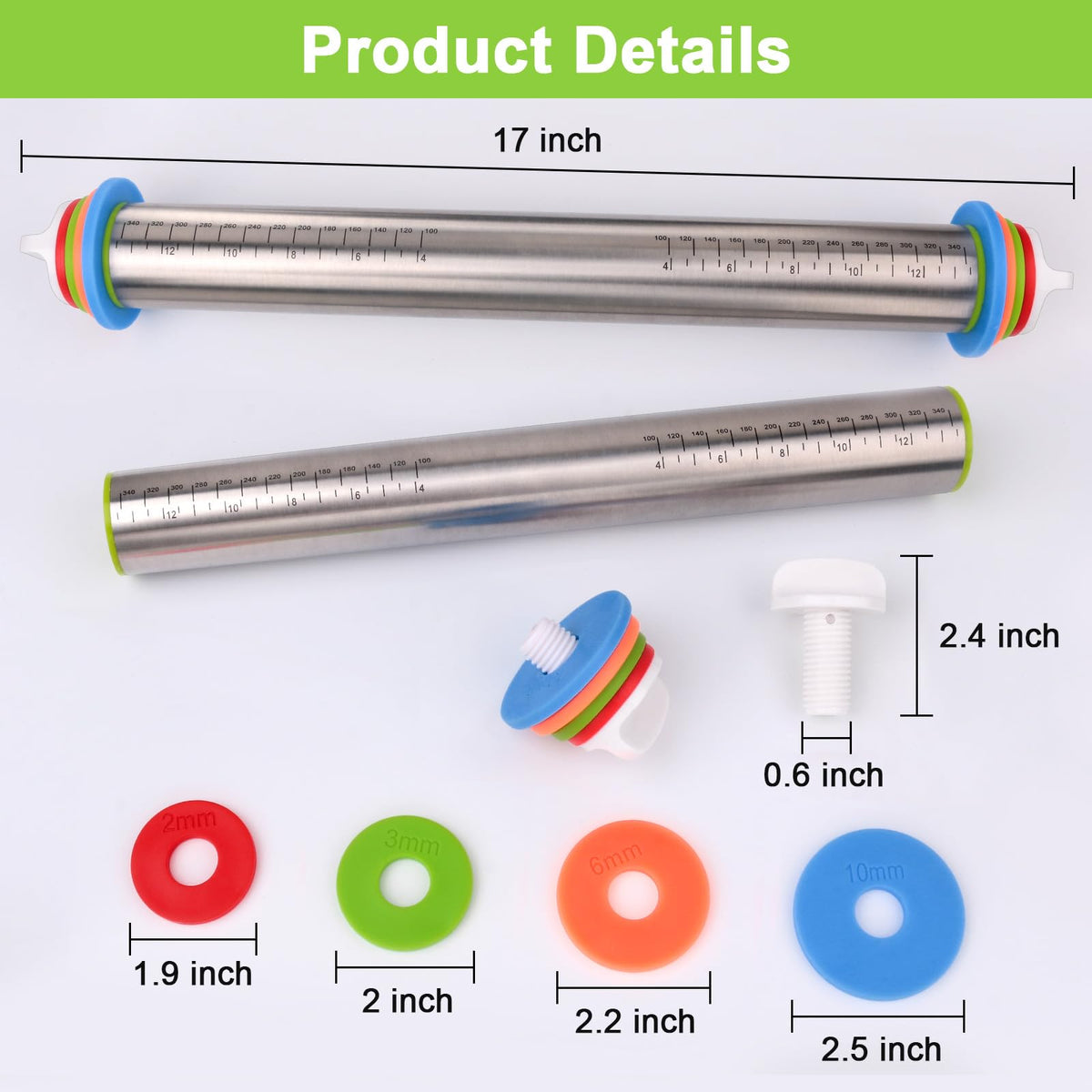Dailyardtool¬Æ Adjustable Stainless Steel Rolling Pin with Thickness Rings