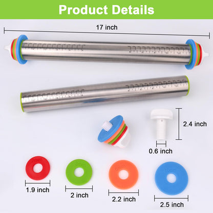 Dailyardtool¬Æ Adjustable Stainless Steel Rolling Pin with Thickness Rings