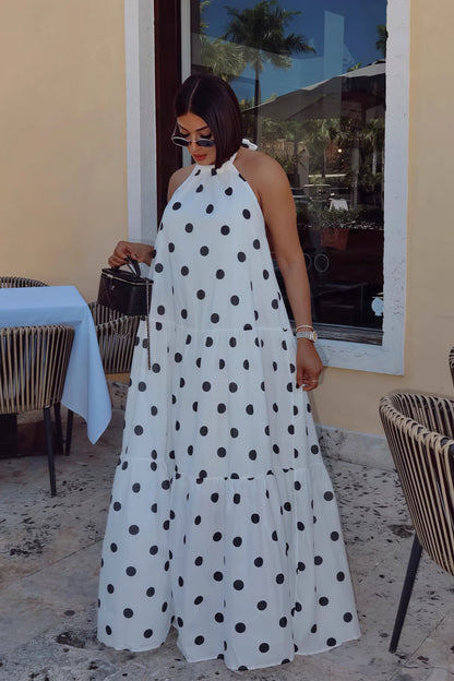 Elegant African Polka Dot Patchwork Halter Neck Swing Maxi Dress