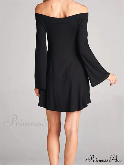 Elegant Off Shoulder Solid Color Long Sleeve Party Mini Dress