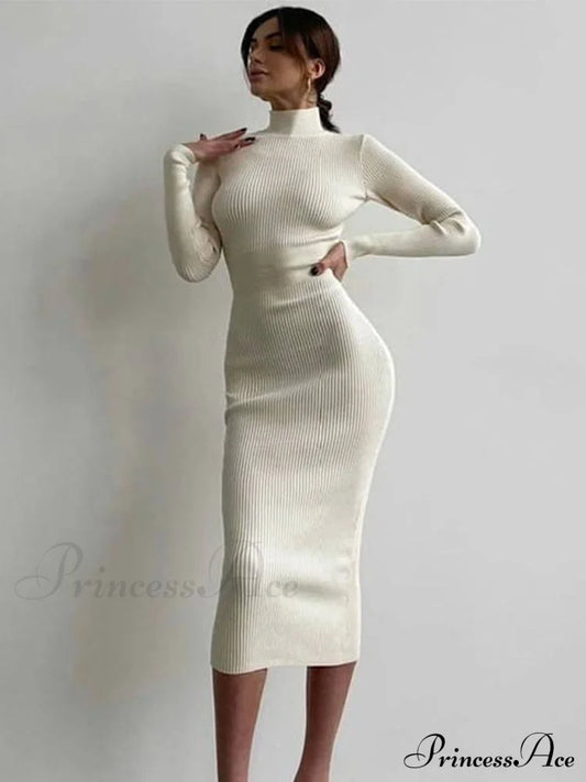 Elegant Solid Bodycon Long Sleeve Sweater Dress