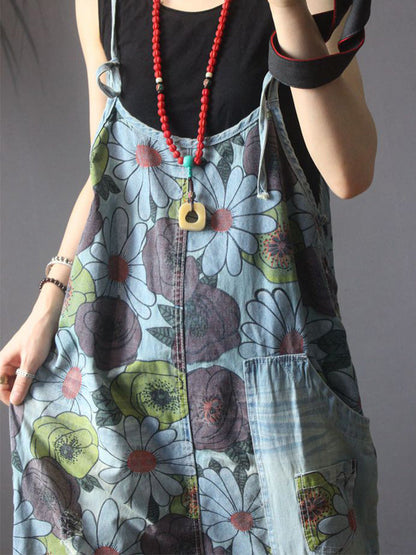 Vintage Floral Cotton Denim Dungarees - Patch Pocket Design