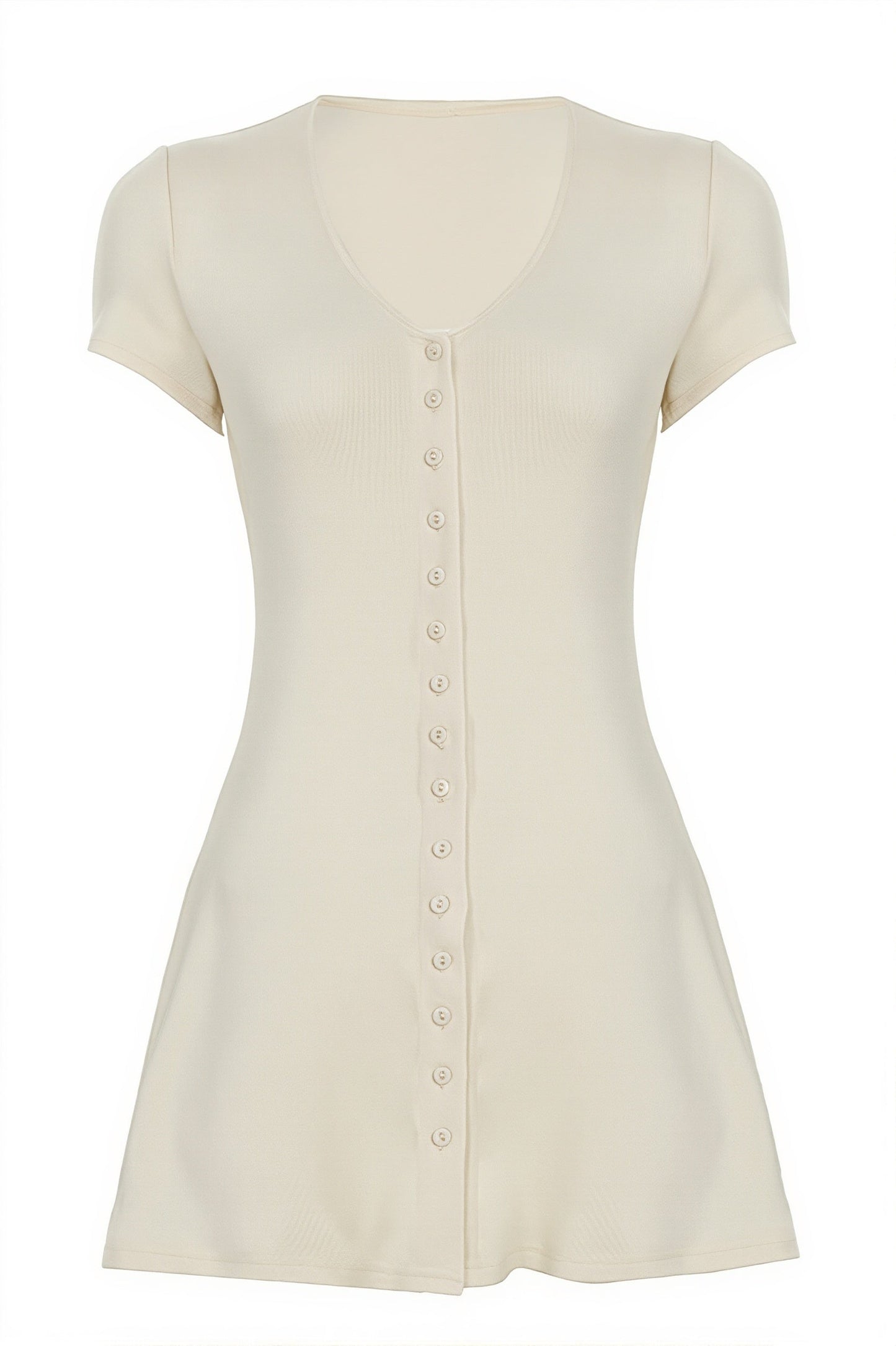 Solid Button Knit V Neck Slim Mini Dress