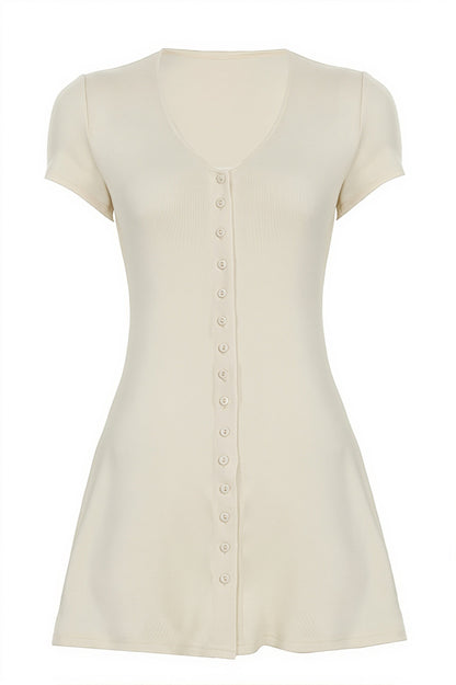 Solid Button Knit V Neck Slim Mini Dress